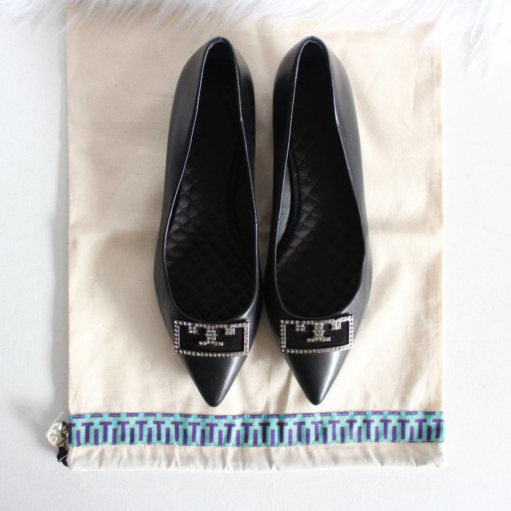 Tory Burch Black Pointed Toe Flats with Rhinestone Logo